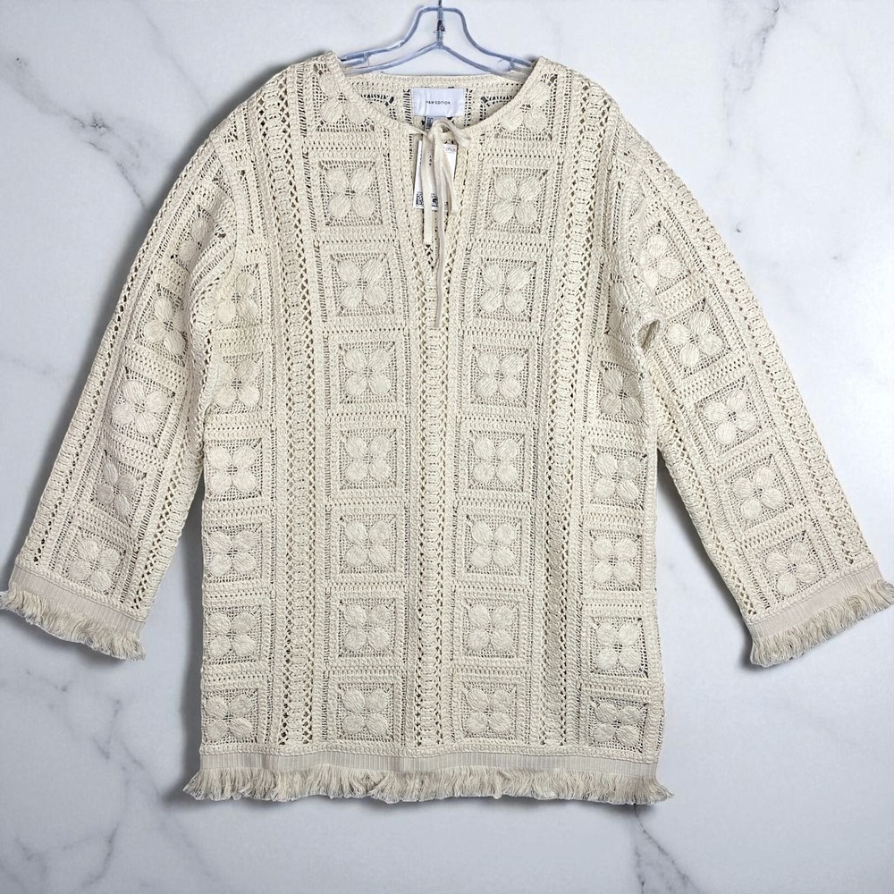 H&M Crochet-Look Tunic Dress Cream Fringe Size Large Summer Edition 2025 Boho - Picture 1 of 15